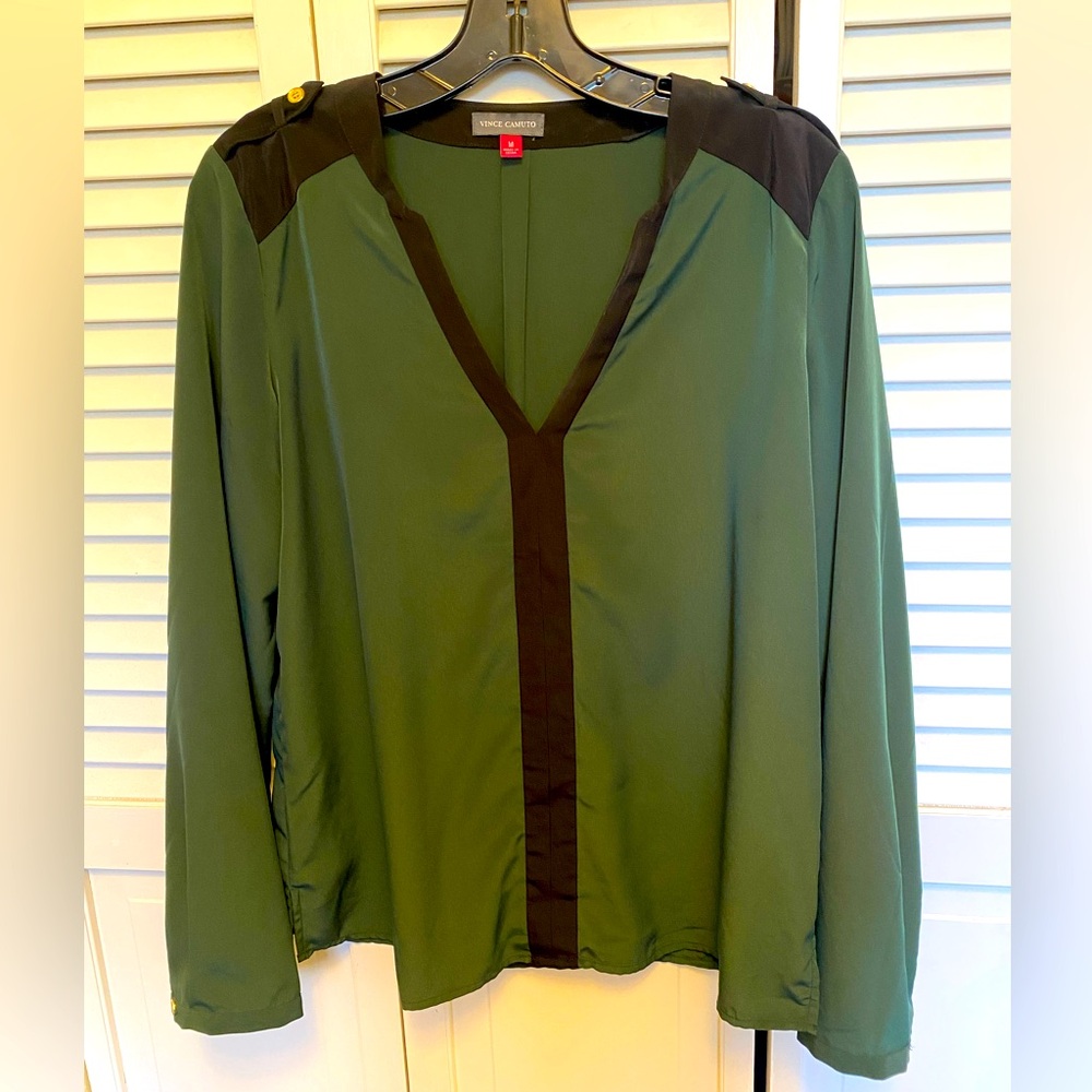 Vince Camuto Olive and Black V-Neck Blouse